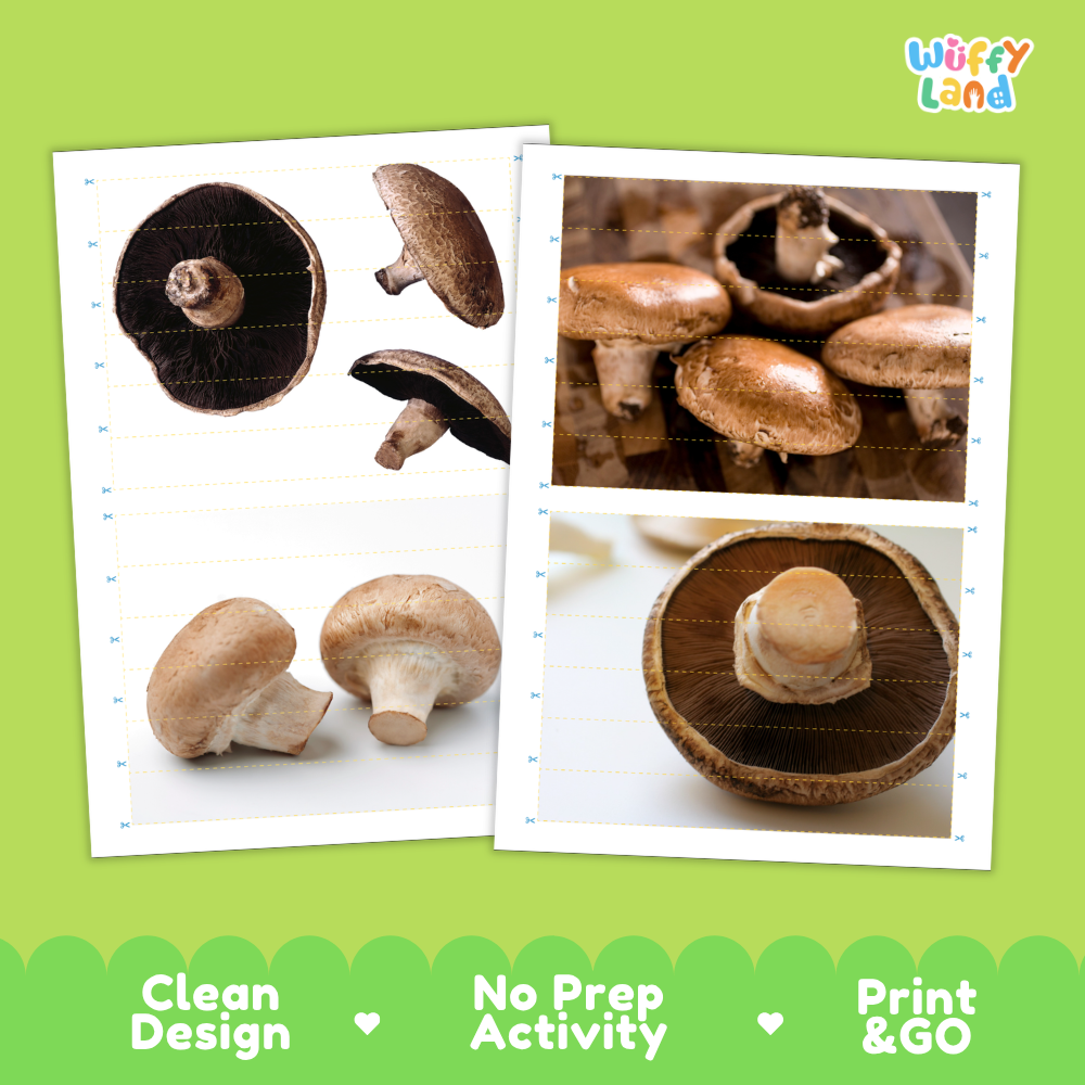 Printable activity sheets featuring photographic portobello mushroom puzzle boards and cutting guides