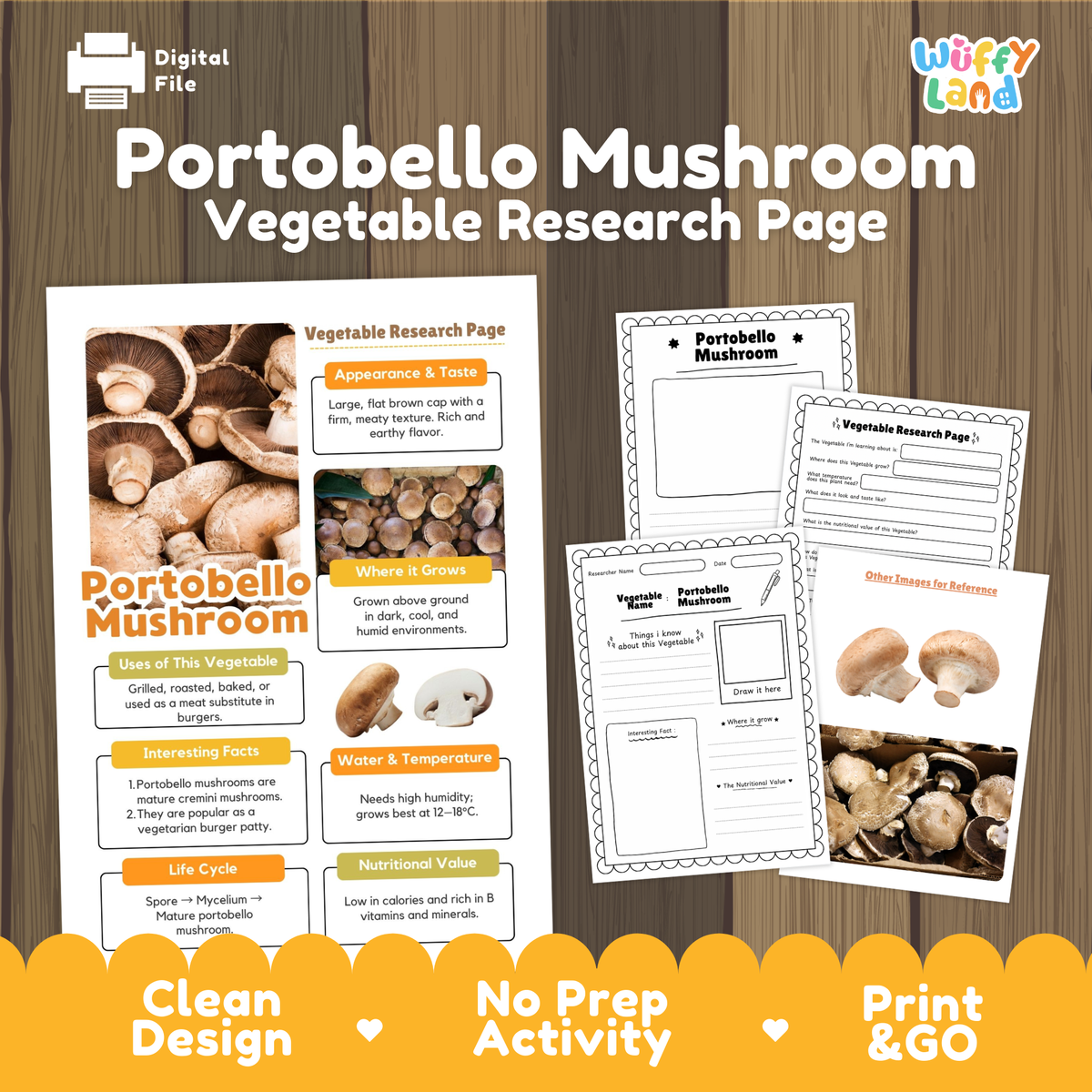 Student vegetable research page writing worksheets with real whole portobello mushroom photos, lined note-taking prompts, and drawing frames