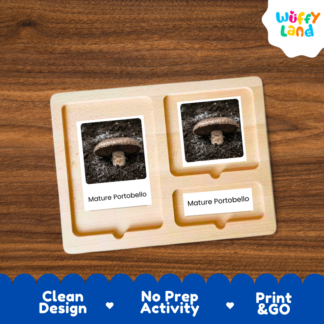 A wooden Montessori-style activity tray with two photo slots showing labeled mushroom images, placed on a wood surface. The brand logo 'Wuffy Land' appears in the top right, and a blue banner at the bottom reads 'Clean Design', 'No Prep Activity', and 'Print & GO'.