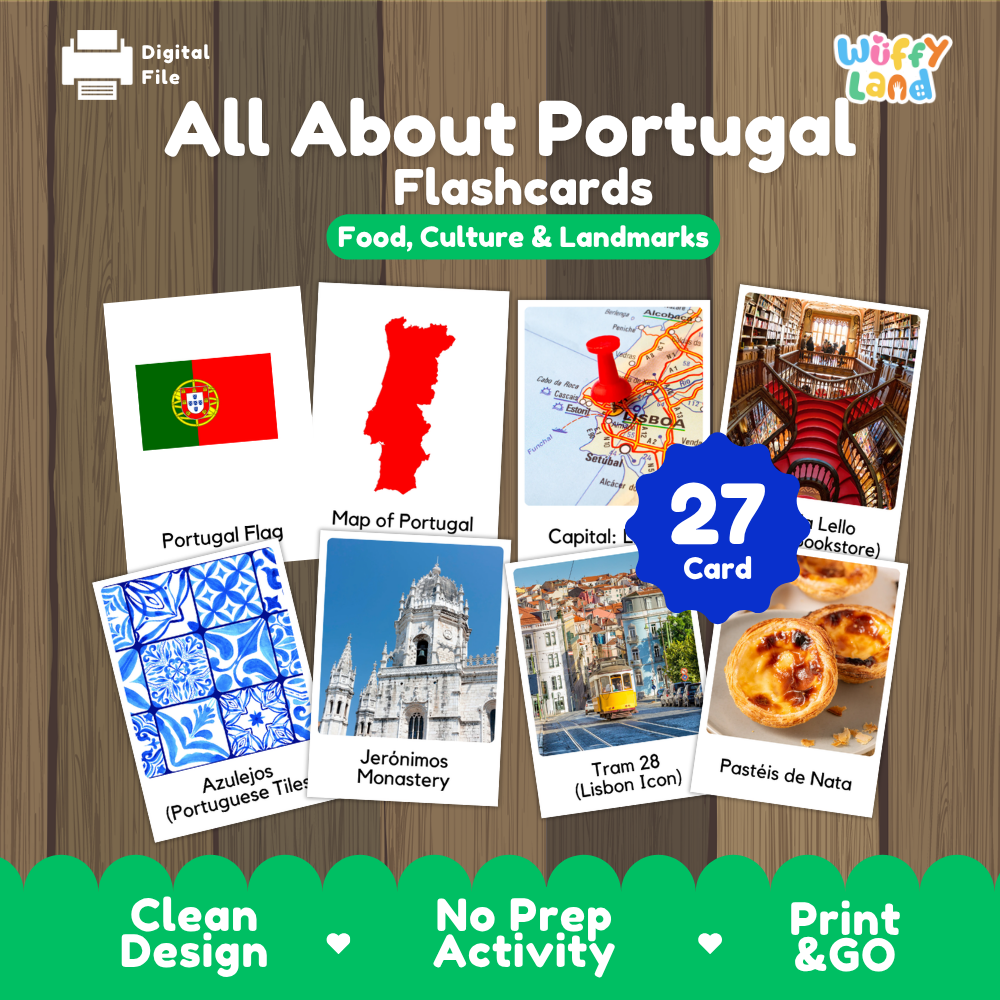 Portugal landmark coloring pages paired with photo flashcards of Livraria Lello, Azulejos tiles, Jeronimos Monastery, Tram 28, and Pasteis de Nata