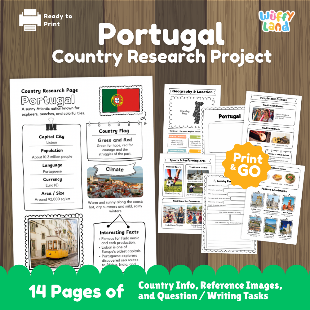 Student country research worksheet on Portugal featuring green and red flag, Lisbon capital facts, climate, and geography map
