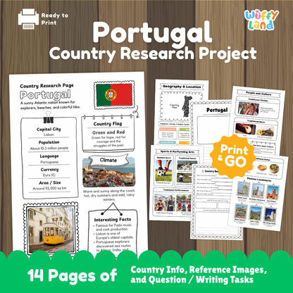 Student country research worksheet on Portugal featuring green and red flag, Lisbon capital facts, climate, and geography map