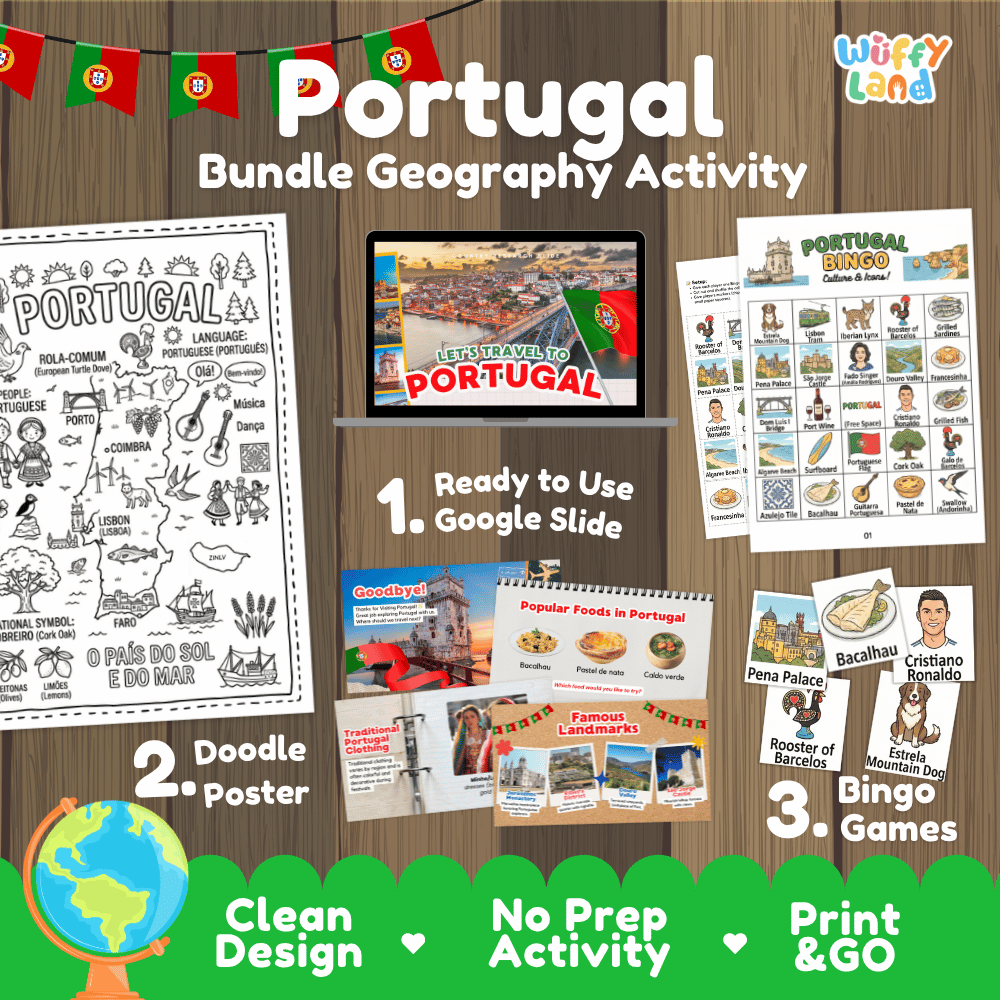 Complete Portugal geography activity bundle featuring Google Slides, doodle coloring poster, and classroom bingo games 🇵🇹🎒
