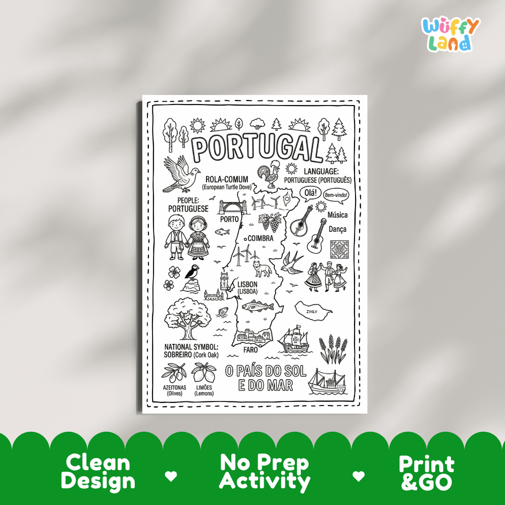 Educational activity coloring page highlighting Portugal's European Turtle Dove, Cork Oak Sobreiro tree, and Barcelos Rooster
