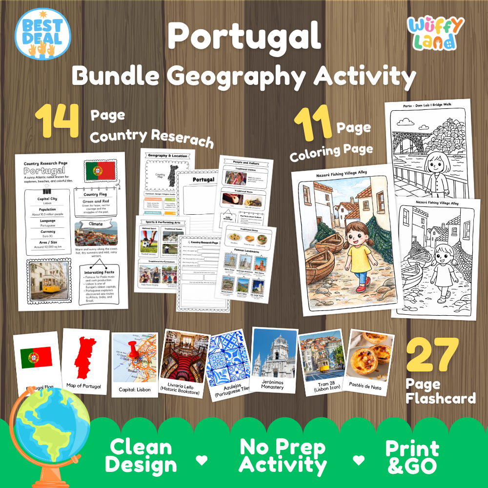 Portugal geography activity bundle cover showing 14 country research pages, 11 coloring pages, and 27 photo flashcards
