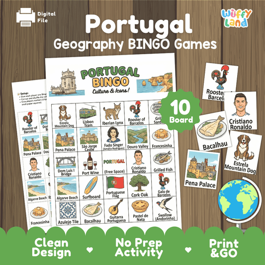 Printable A4 doodle coloring poster highlighting Portugal map, European Turtle Dove, Lisbon tram, and Rooster of Barcelos 🎨🕊️