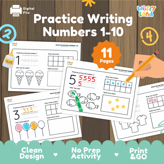 Practice Writing Numbers 1-10 11-page printable math and handwriting activity set overview featuring tracing, ten frames, and coloring from Wuffy Land ✏️🔢
