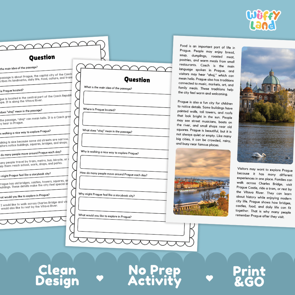 Student reading passage titled A City of Bridges detailing Prague Czech Republic Charles Bridge Prague Castle Vltava River and city photography