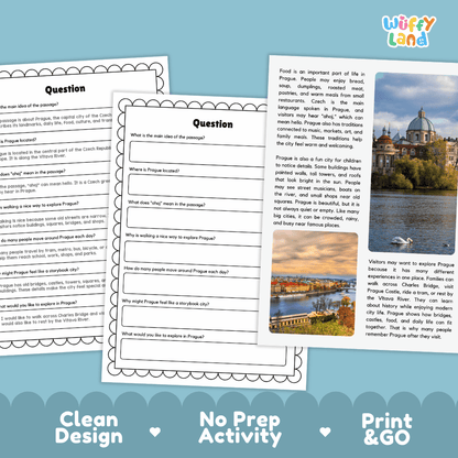 Student reading passage titled A City of Bridges detailing Prague Czech Republic Charles Bridge Prague Castle Vltava River and city photography
