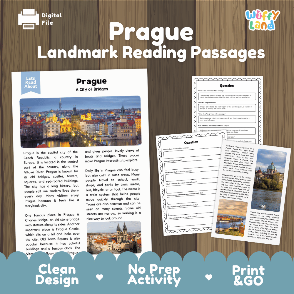 Prague landmark reading passage and comprehension worksheet educational unit featuring nonfiction text and authentic Czech architecture photography