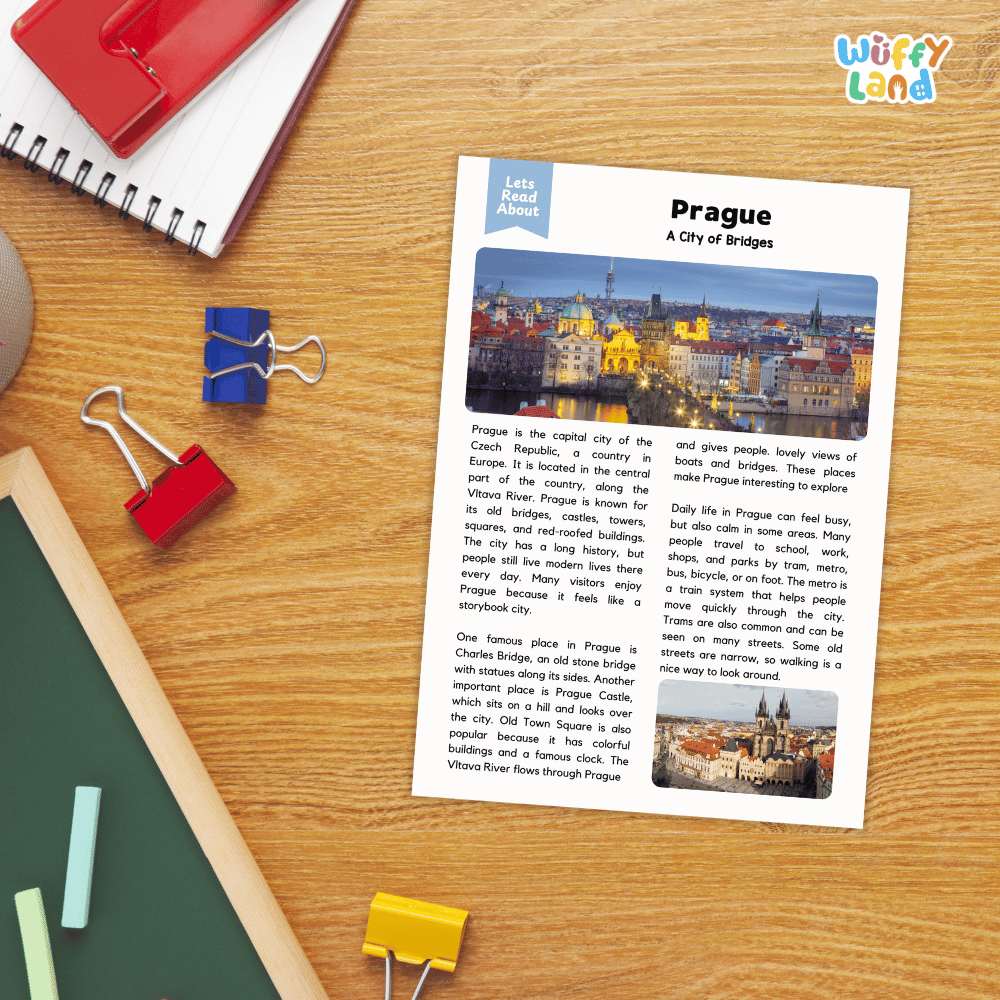 Lined reading comprehension question worksheet covering main ideas vocabulary terms and landmark facts about Prague Czech Republic