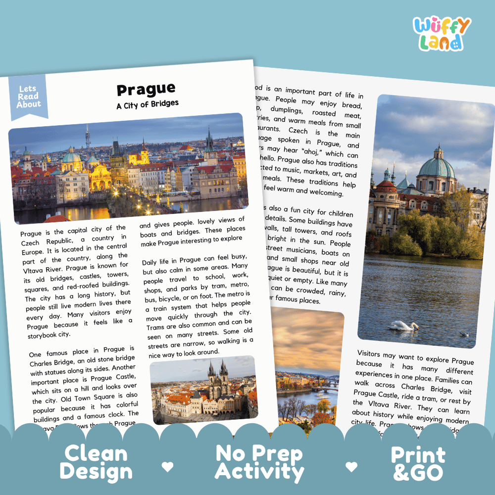 Reference sheet and answer key for Prague landmark reading passage displaying completed comprehension answers and European geography facts