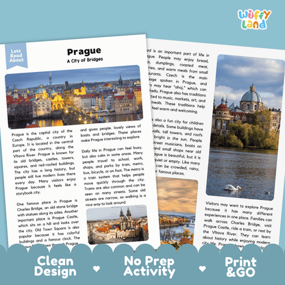 Reference sheet and answer key for Prague landmark reading passage displaying completed comprehension answers and European geography facts