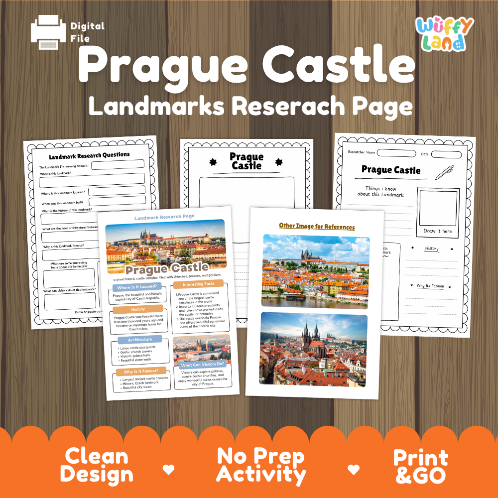 Printable Prague Castle landmarks research page activity sheet set by Wiffy Land, shown on a wood background with an orange banner at the bottom. The set includes a digital file icon, title text, and several worksheet pages with printed city photos and fill-in sections.