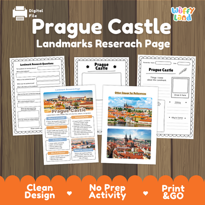 Printable Prague Castle landmarks research page activity sheet set by Wiffy Land, shown on a wood background with an orange banner at the bottom. The set includes a digital file icon, title text, and several worksheet pages with printed city photos and fill-in sections.