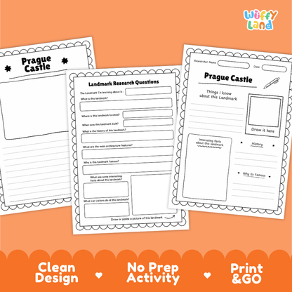Three printable worksheet pages about Prague Castle are shown on an orange background with decorative text at the bottom. The sheets include activity questions and writing areas, and the brand name 'Wiffy Land' appears in the top right.