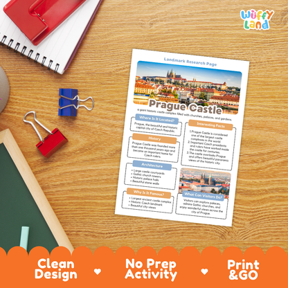 A printed Prague Castle research page activity sheet lies on a wooden desk, surrounded by school supplies including a red spiral notebook, blue and red binder clips, a green chalkboard, and an orange decorative banner at the bottom. The sheet includes a cityscape photo and text sections for a landmark research page.