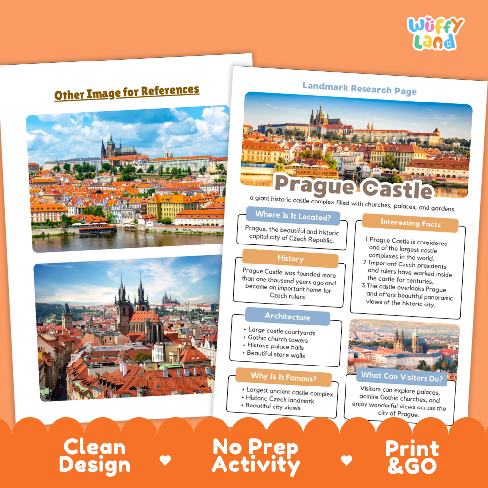 A printed educational worksheet page titled 'Prague Castle' shown over a larger matching landscape photo, with orange banners reading 'Other Image for References,' 'Clean Design,' 'No Prep Activity,' and 'Print & GO.' This is not a clean product-only shot because it is a designed promotional preview of a printable/activity sheet, so subject_type fits Other rather than Product/Packaging.