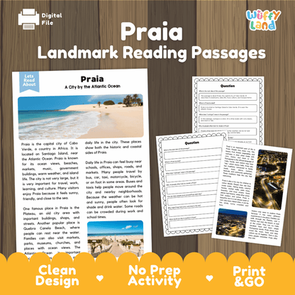 Praia landmark reading passage and comprehension worksheet educational unit featuring nonfiction text and authentic Cabo Verde Quebra Canela beach photography