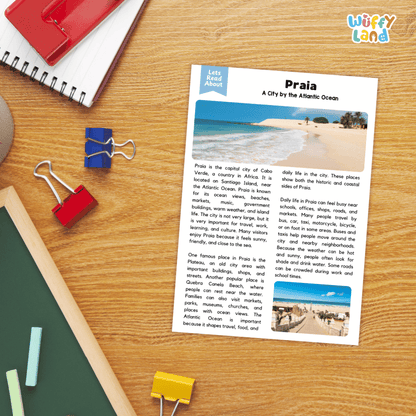 Lined reading comprehension question worksheet covering main ideas vocabulary terms and landmark facts about Praia Cabo Verde