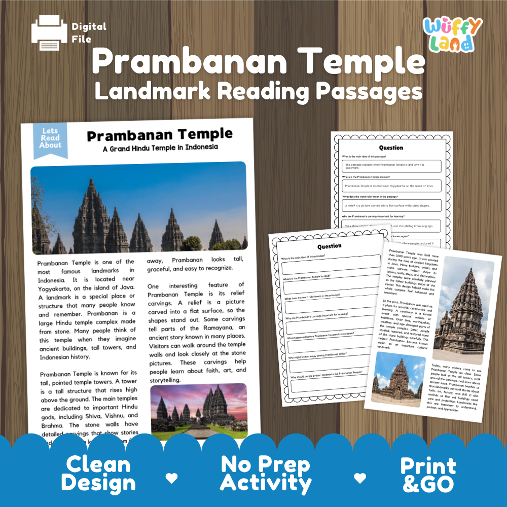 Prambanan Temple Landmark Reading Passage and Comprehension Worksheets