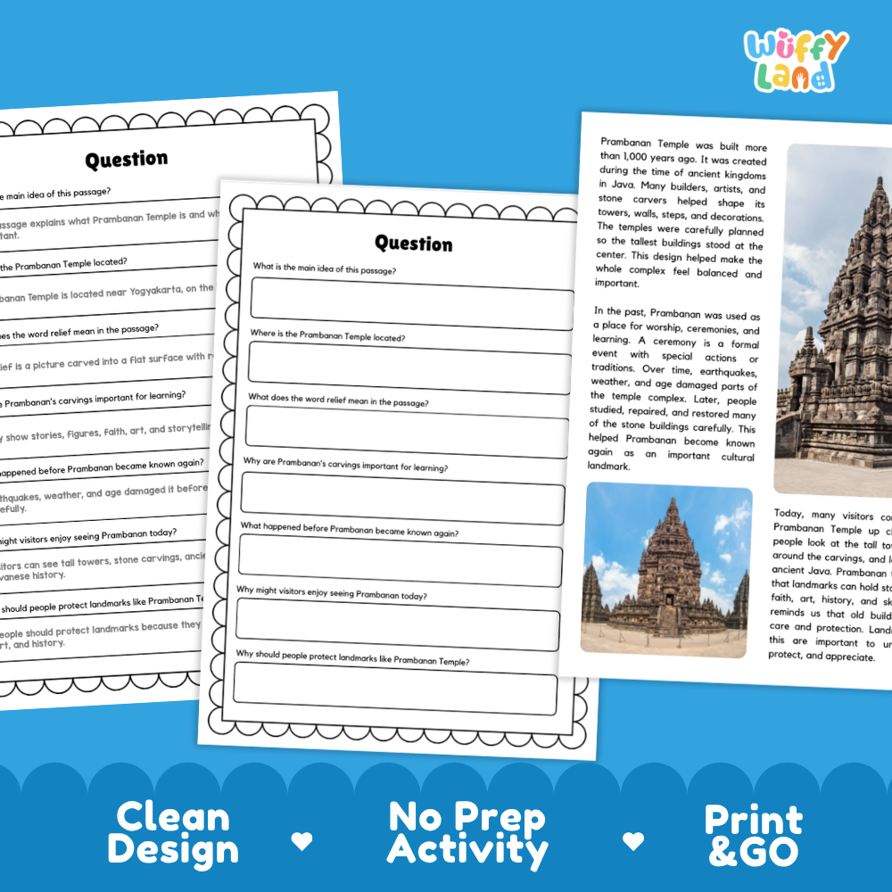 Prambanan Temple Landmark Reading Passage and Comprehension Worksheets