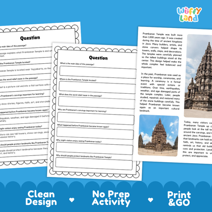 Prambanan Temple Landmark Reading Passage and Comprehension Worksheets