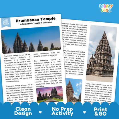 Prambanan Temple Landmark Reading Passage and Comprehension Worksheets
