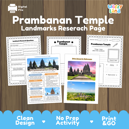 Printable activity sheet set titled 'Prambanan Temple Landmarks Researach Page' on a wood background, showing several worksheet pages with temple photos and text fields. Brand/logo 'Wiffy Land' appears in the top right, and 'Digital File' is shown in the top left.