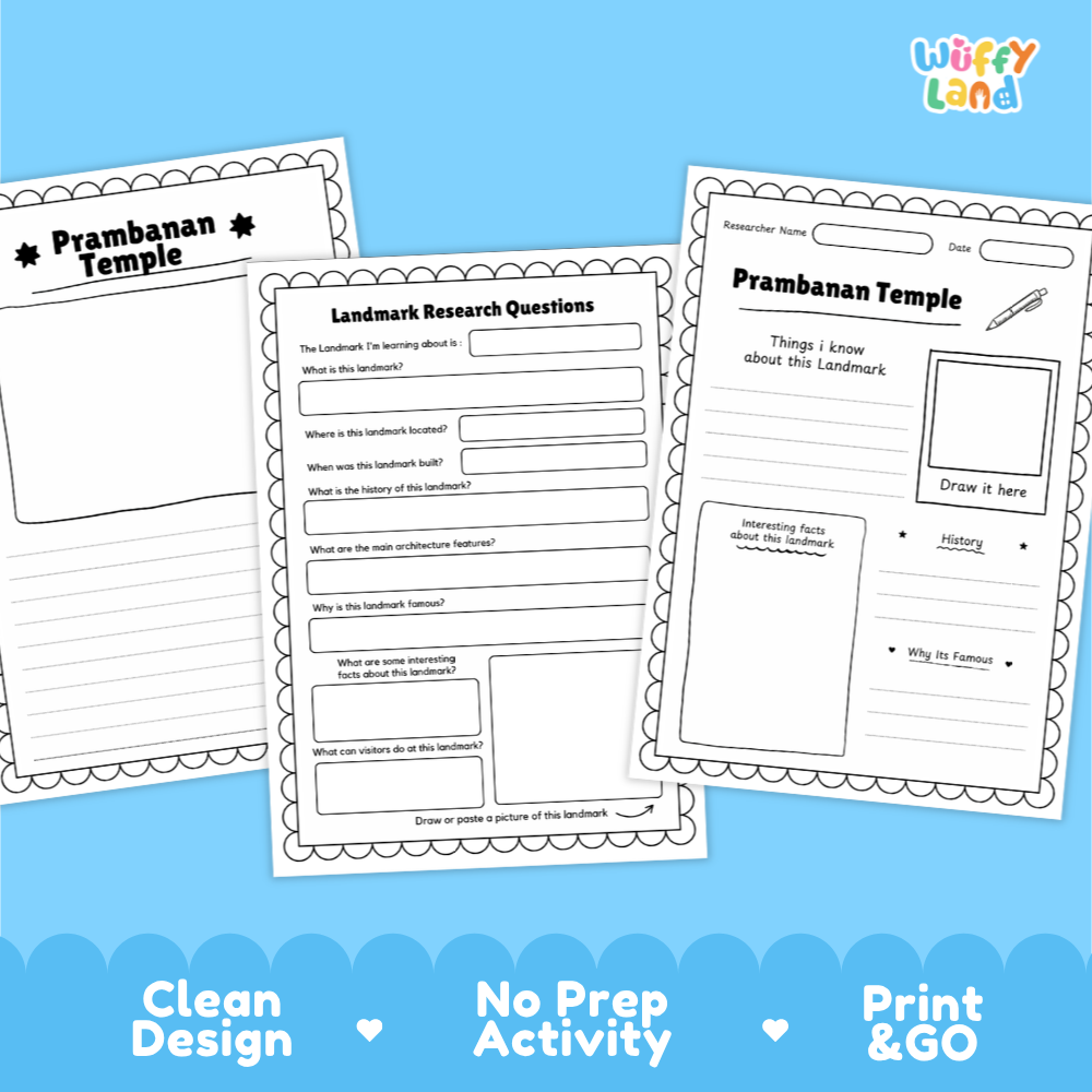 Three printable worksheet pages about Prambanan Temple are shown on a light blue background with promotional text reading 'Clean Design', 'No Prep Activity', and 'Print & GO'. The worksheets have black and white borders and text fields for research questions and writing.