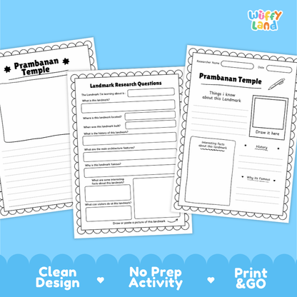 Three printable worksheet pages about Prambanan Temple are shown on a light blue background with promotional text reading 'Clean Design', 'No Prep Activity', and 'Print & GO'. The worksheets have black and white borders and text fields for research questions and writing.