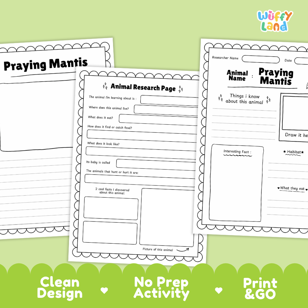 Three printable worksheet pages for a 'Praying Mantis' animal research activity are displayed on a light green background with a dark green banner at the bottom. The pages feature clean black outlines and text fields for writing, and the top right corner shows the 'Wiffly Land' brand logo.