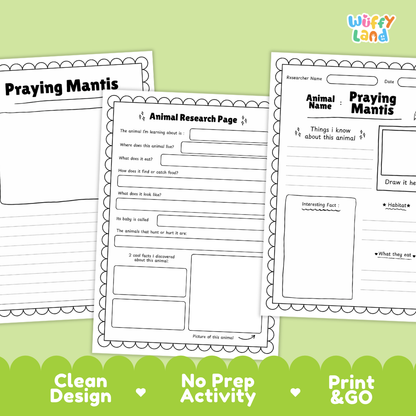 Three printable worksheet pages for a 'Praying Mantis' animal research activity are displayed on a light green background with a dark green banner at the bottom. The pages feature clean black outlines and text fields for writing, and the top right corner shows the 'Wiffly Land' brand logo.