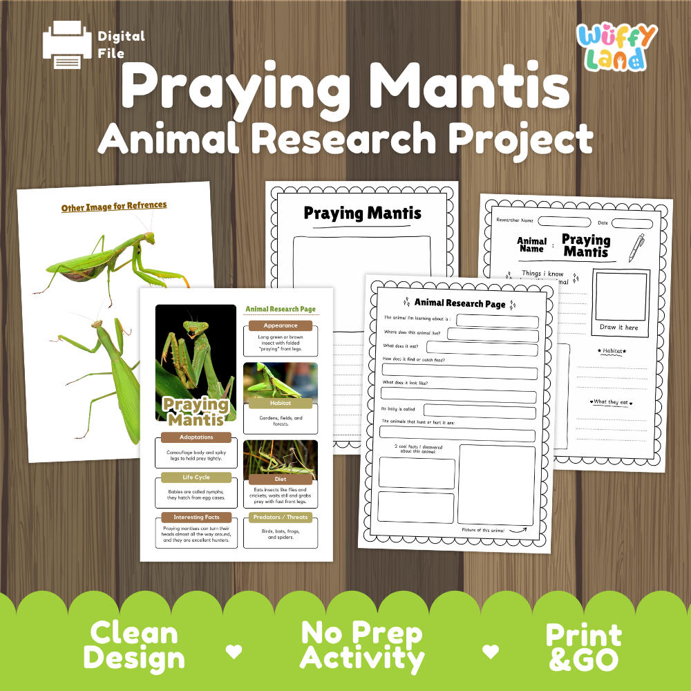 Digital download activity sheet set titled 'Praying Mantis Animal Research Project' on a wood background, showing worksheet pages, a reference card, and a project template. Brand logo 'Wifty Land' appears in the top right, and a 'Digital File' icon appears in the top left.