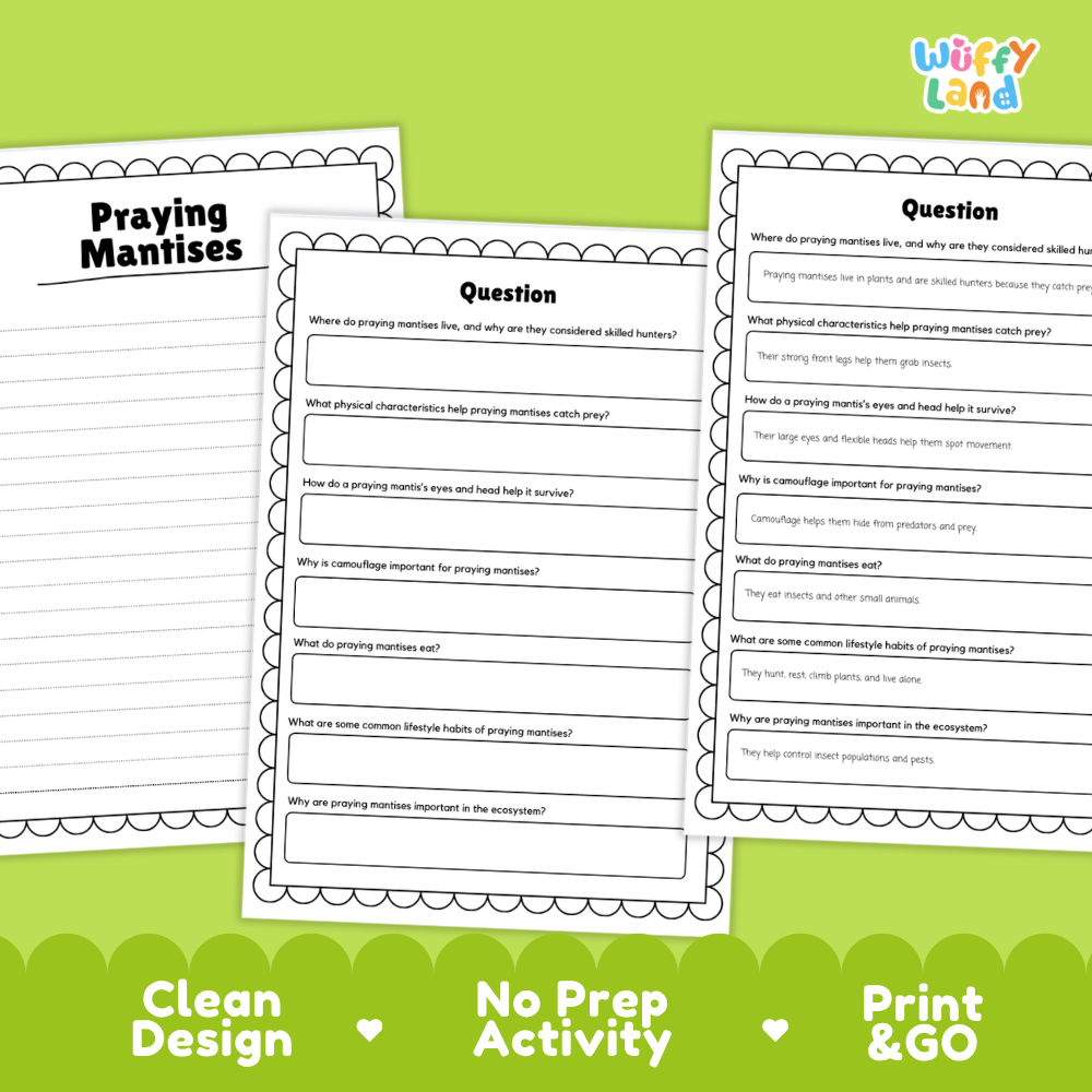 Praying Mantises Reading Passage and Comprehension Questions Worksheets with Answer Key