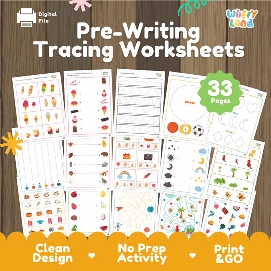 Pre-writing tracing worksheets printable early pencil control and fine motor activity pack overview from Wuffy Land featuring 33 pages ✏️📐