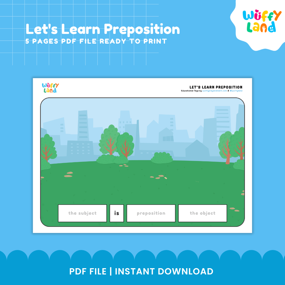 Park scene background mat with wooden bench beach ball and sentence builder frame the subject is preposition the object