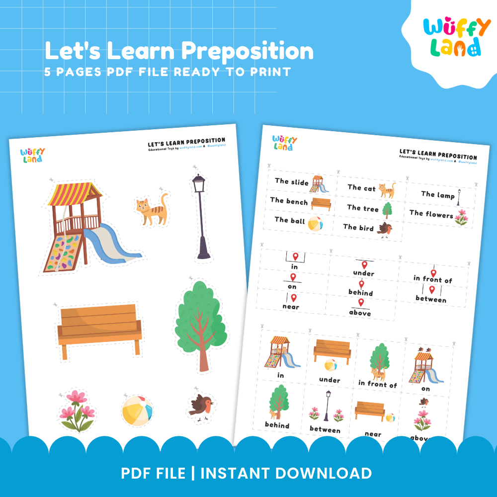 Preposition concept card for between with flower and lamp illustration alongside movable tiles for the cat in front of and above