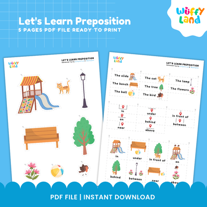 Preposition concept card for between with flower and lamp illustration alongside movable tiles for the cat in front of and above