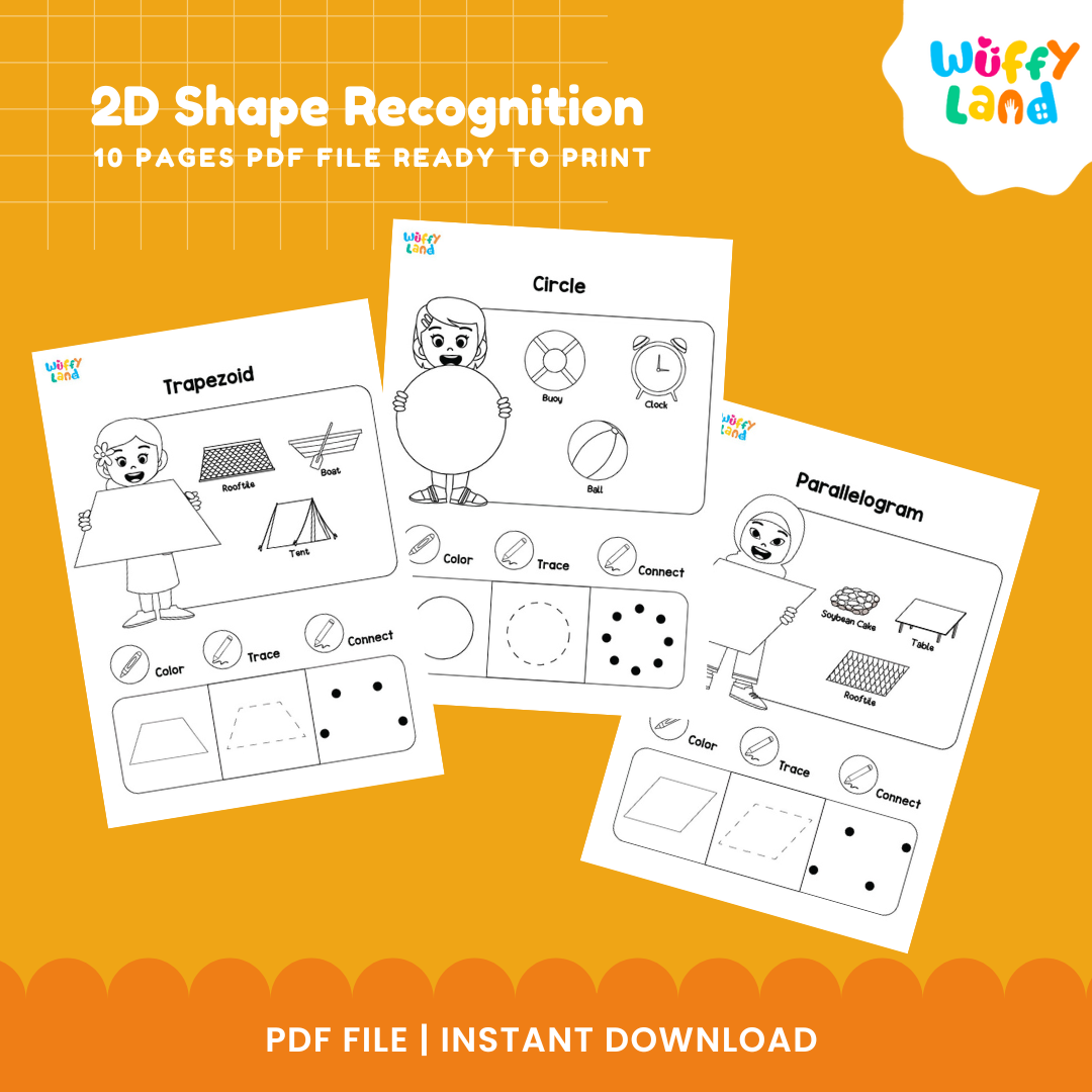 Preschool geometry printable activities for learning 2D shapes through visual matching, tracing, coloring and shape identification