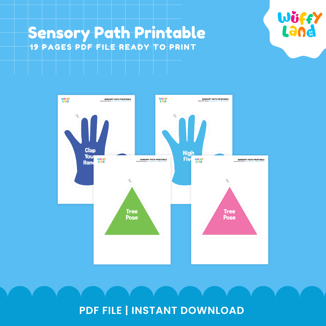 Preschool gross motor activity with printable movement path pieces for active play, coordination and body movement practice