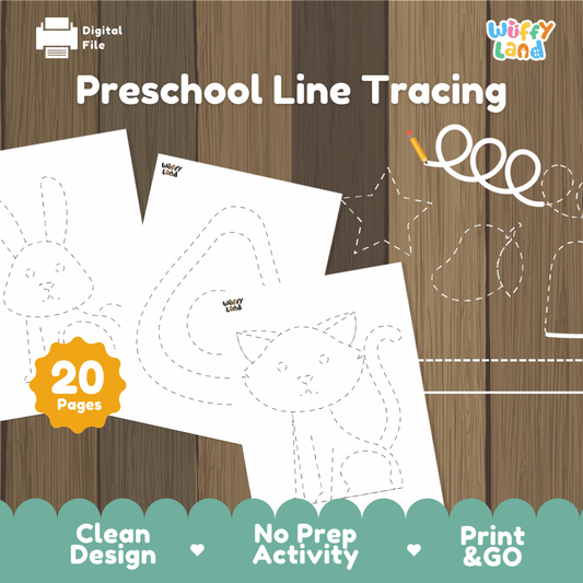 Preschool line tracing animals and shapes printable pre-writing activity pack overview from Wuffy Land featuring 20 pages ✏️🐱
