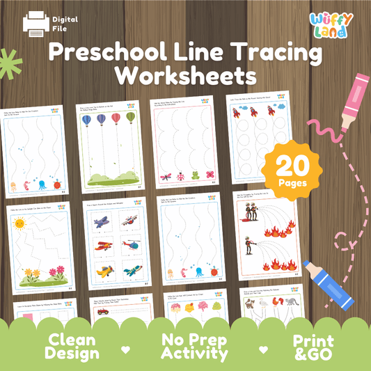 Preschool line tracing worksheets printable pre-writing and fine motor activity pack overview from Wuffy Land featuring 20 pages ✏️🚀