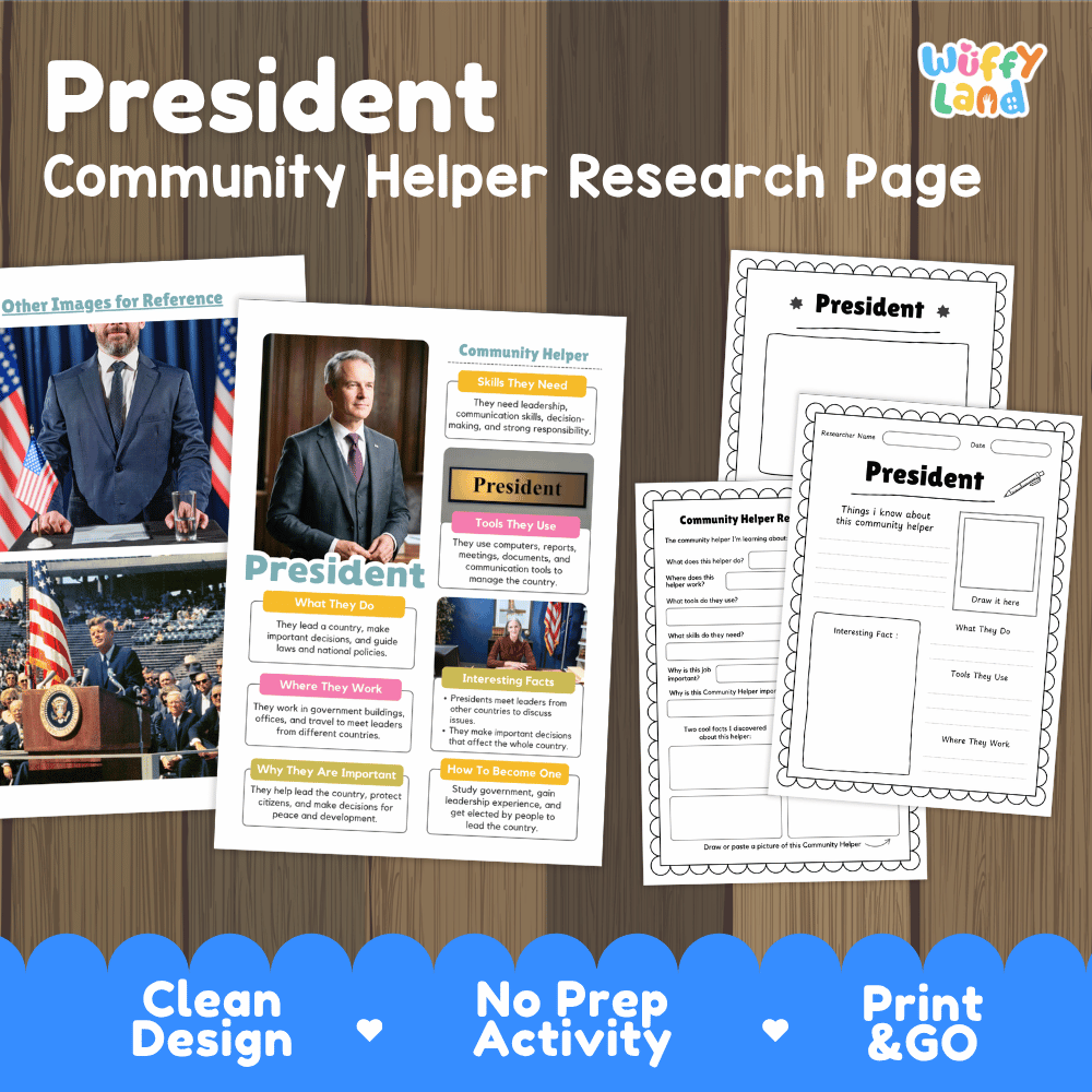 President community helper research page writing worksheets pack featuring real photos and student activity pages for elementary social studies