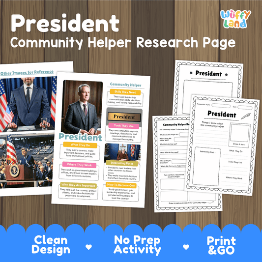 President community helper research page writing worksheets pack featuring real photos and student activity pages for elementary social studies