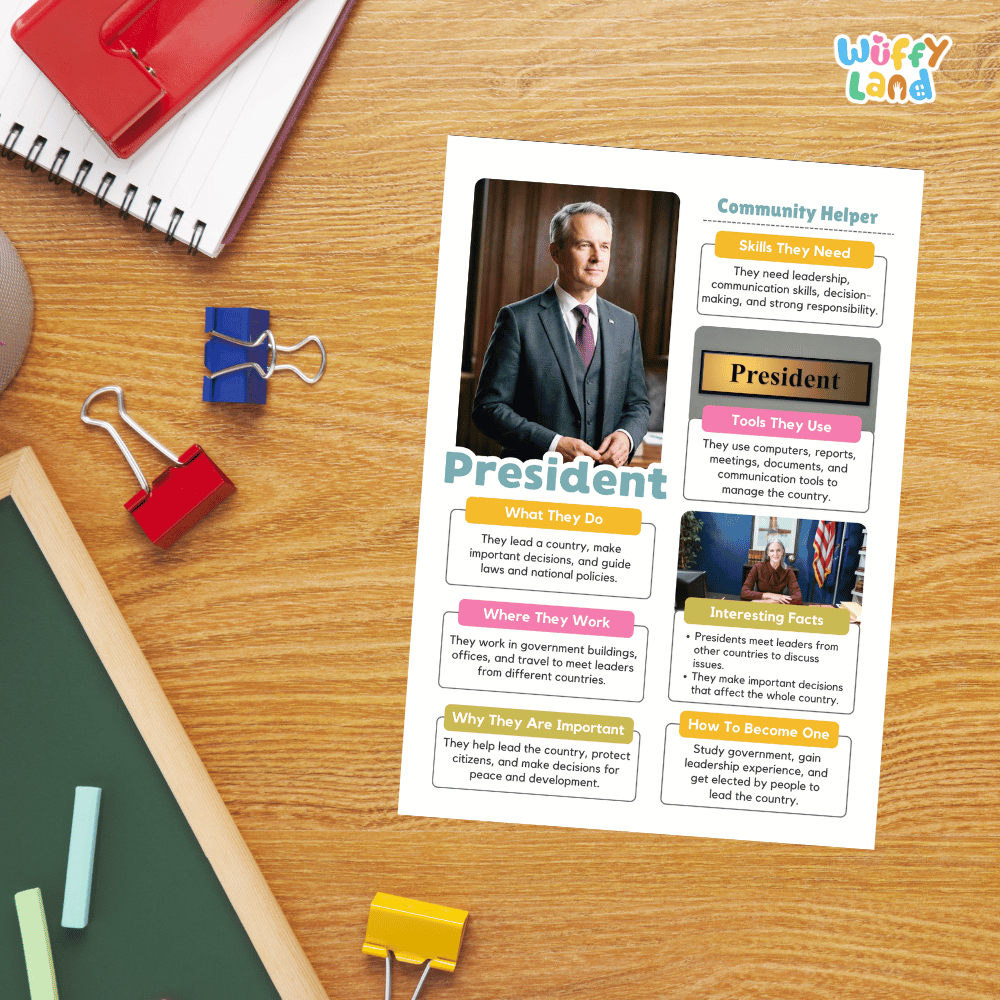 Guided student writing worksheets with lined sections for recording facts and a dedicated box for drawing or pasting a picture of a president