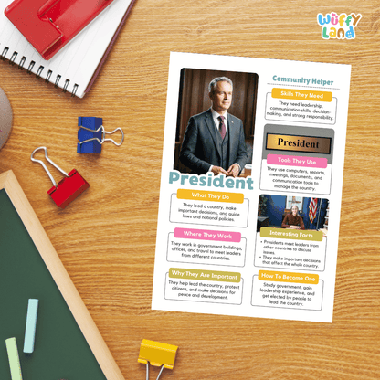 Guided student writing worksheets with lined sections for recording facts and a dedicated box for drawing or pasting a picture of a president