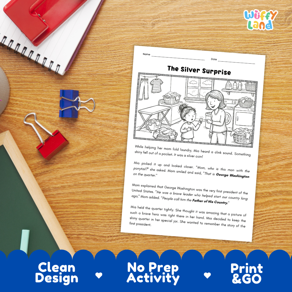 A children's educational activity sheet titled 'The Silver Surprise' laid on a wooden desk, surrounded by a red notebook, blue binder clips, and a pencil. The page includes a black-and-white illustration and short text about a product mystery story.