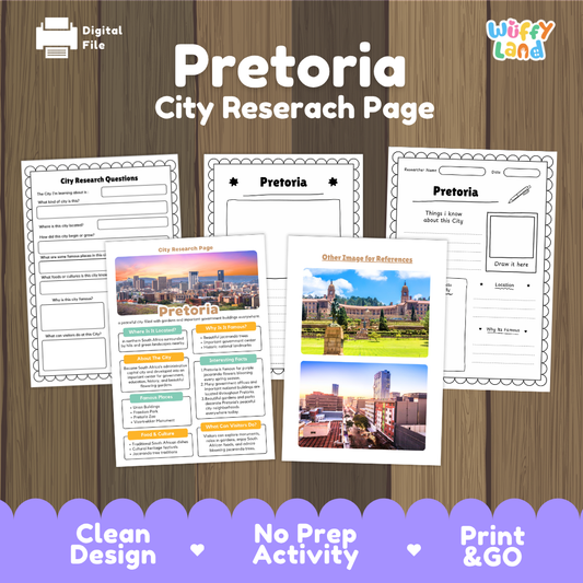 A digital preview of a Pretoria city research page activity sheet set on a wood background, with the title 'Pretoria City Researach Page' and the brand name 'Wiffy Land' visible. The image shows several printable worksheet pages and a sample researched page with photos of Pretoria landmarks, plus a purple banner at the bottom with marketing text.