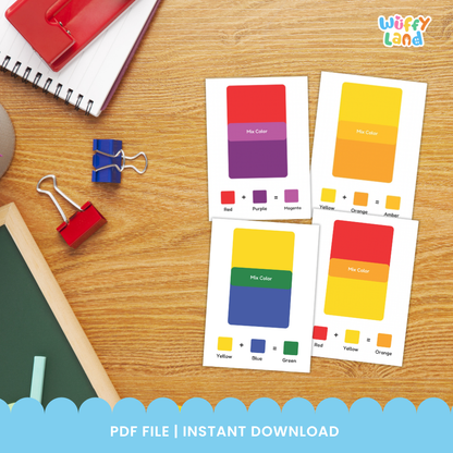 Color theory flashcards showing equations for yellow plus blue equals green and red plus yellow equals orange with visual blocks